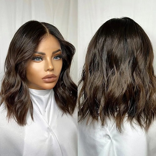 Echthaar 5x5 Verschluss 13x4 Spitzenfront Perücke Kurzer Bob Brasilianisches Haar Große Wellen Rotbraun Mehrfarbig Perücke 130% 150% Haardichte Gefärbte Haarspitzen (Ombré Hair) 100% Jungfrau Image