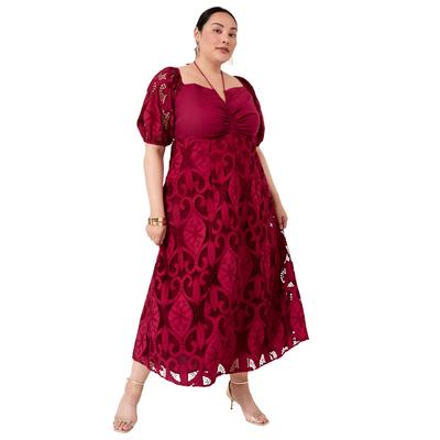Plus Size Women's Eyelet Puff Sleeve Peasant Dress by June+Vie in Rumba Red (Size 30/32)