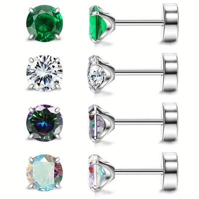 TEMU 4pairs 2-6mm Simple Titanium Steel Hypoallergenic Colorful Synthetic Zircon Stud Earrings For Men, Daily Ear Jewelry Image