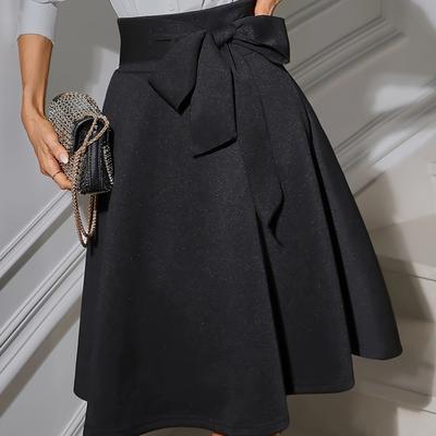 TEMU 1pc Elegant High-waist A-line Midi Skirt With Bow Detail, 95% Polyester 5% Spandex Knit Fabric, Solid Color, Stretchy, For Office And Casual Wear - Fall/winter Collection Image
