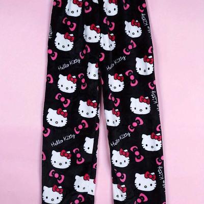 TEMU Hello Kitty Flannel Sleep Pants, High Waist, Soft Warm Knit Fabric, Vibrant Cartoon Pattern, Polyester 100%, Sports Style, Fall/winter Wear For Teens Image