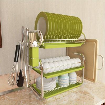 TEMU Space-saving 3-tier Dish Drying Rack With Drain Tray & Utensil Holder - Adjustable, Cast Iron Kitchen Organizer For Countertops, No Required, Green Image