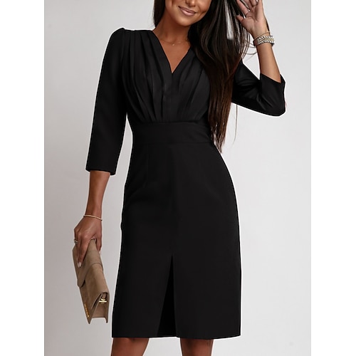Robe de travail Robe Fourreau Femme Robe mi-longue Elégant Mode Ruché Fendu Col V manche longue Bureau du quotidien Plein Standard Noir Blanche Kaki Automne S M L XL 2XL