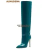ALMUDENA Türkis-Burgunder-Kniestiefel aus Lackleder, himmelhohe Stiletto-Absätze, spitze Zehen, hohe Stiefel, elegante Herbst- und Winter-Schuhe
