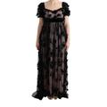 Dolce & Gabbana Damen Schwarzes Pink Seiden-Applikations-Kleid