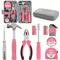 TEMU 24pcs Pink Diy Household Tool Set With Metal Box - Women's Mini Kit With Wire Cutter, Tape Measure, Hammer, Screwdrivers, Pliers, Bit Set, And More - , Handy Installation Tools