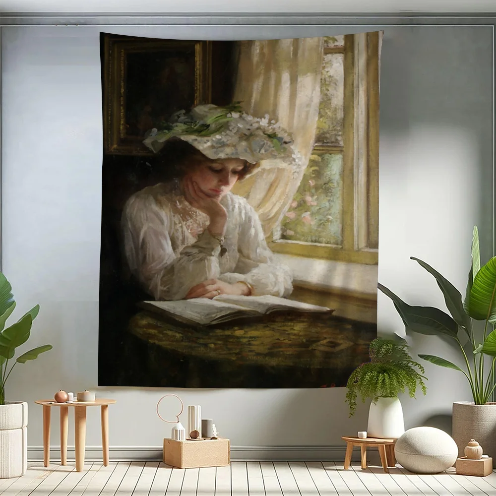 Viktoria nische Frau liest elegantes Porträt gedruckt großen Wandteppich indischen Buddha Wand dekoration Hexerei böhmischen Hippie