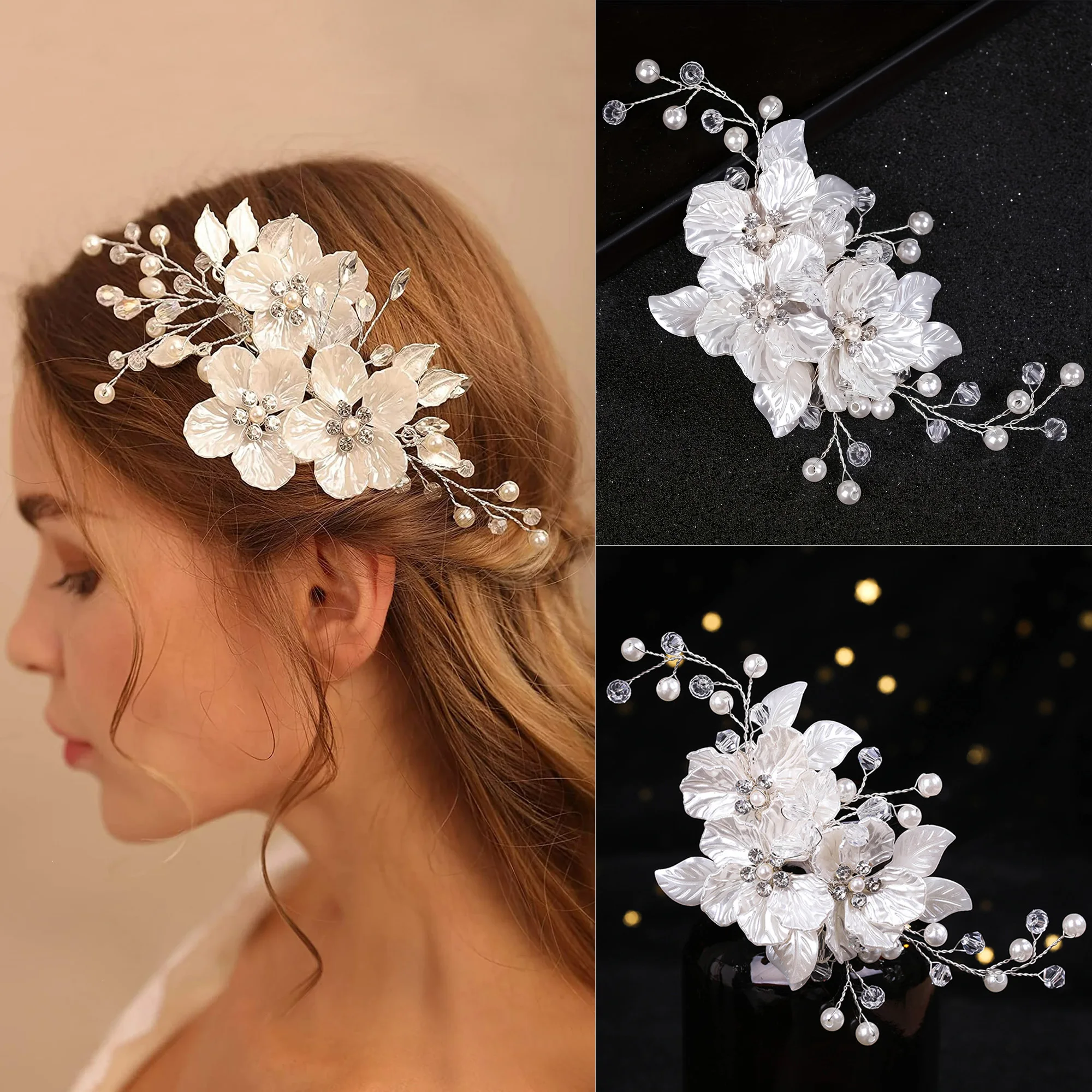 Braut Haars pange weiße Blume Haars pange für Bräute Brautjungfern handgemachte Perle Kopf bedeckung für Hochzeit Silberblatt Haarschmuck Image