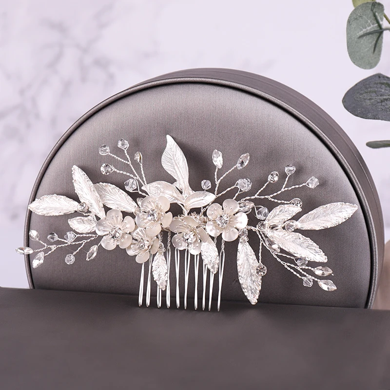 Silber Farbe Blatt Blume Haarschmuck Hochzeit Haarkamm Zubehör Frauen Haarkamm handgemachte Braut Kopf bedeckungen Dekoration Geschenk Image
