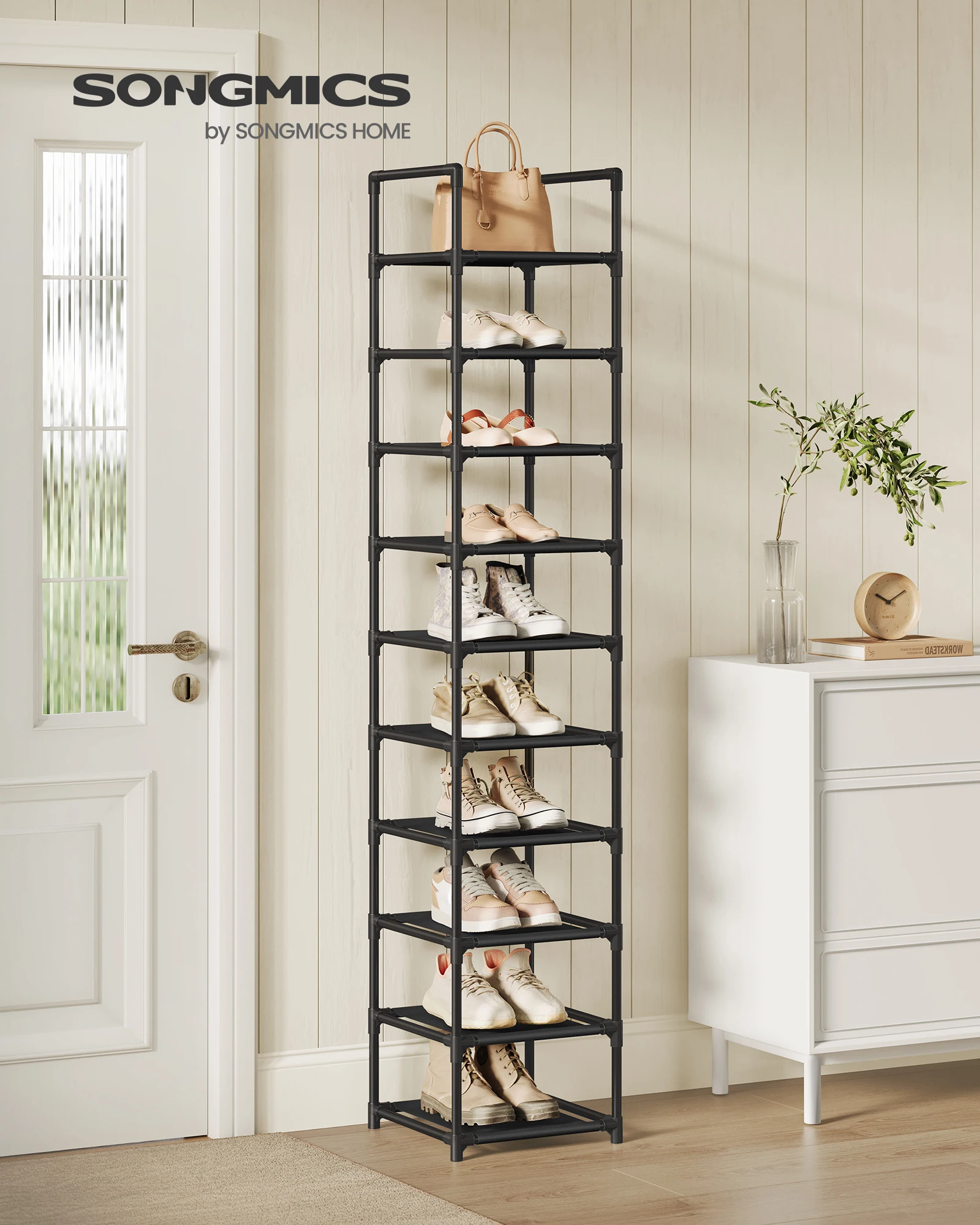 SONGMICS Schuhregal,10 Ebenen, Schuhablage, Schuhaufbewahrung, schmal, 33 x 33 x 173 cm, Metallgestell, Ablagen aus Vliesstoff