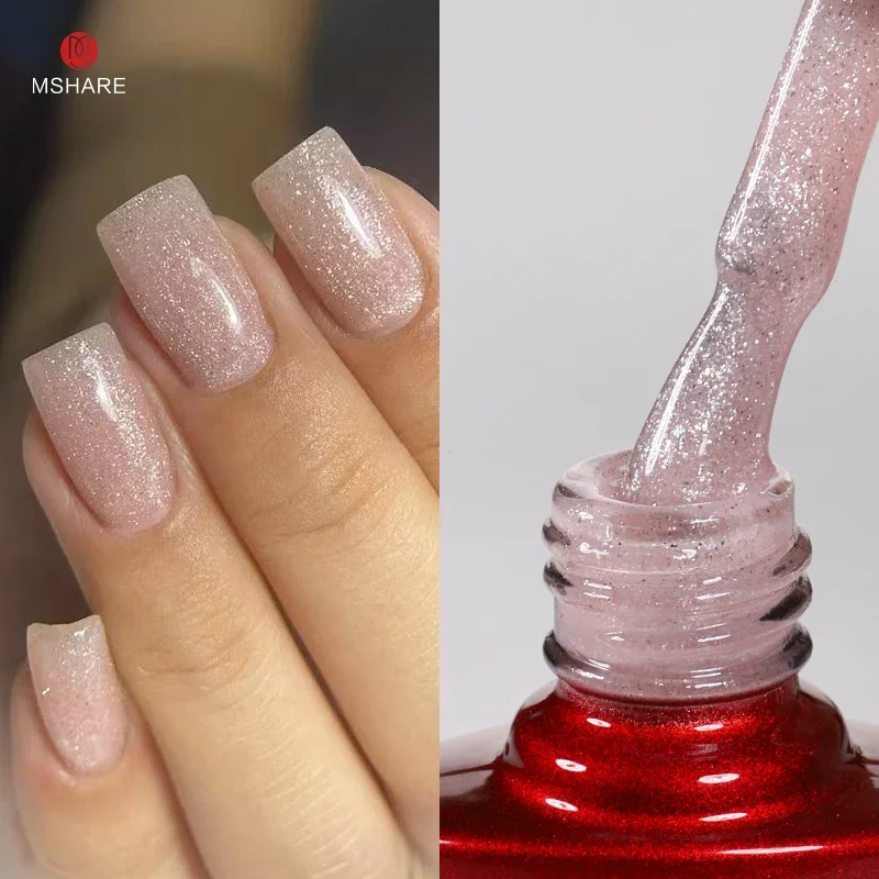 MSHARE Shimmer Rubber Base Gel Sparkling Nails Gel Polish Camouflage Self Level Nail Base Coat Pink Soak Off UV-Lack 10 ml Image