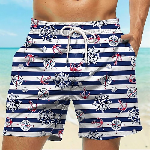 Herren Nautisch Kompass Meeresbewohner Badeshorts Boardshorts Strandshorts Mittlere Taille Tropisch Streetwear Hawaiianisch Urlaub Täglich Ferien Kordelzug Elastischer Bund 3D-Druck Designer Image