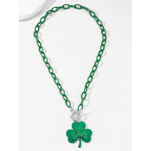 Kleeblatt-Halskette zum St. Patrick's Day – grünes Kettenglied mit vierblättrigem Kleeblatt-Anhänger, festlicher Statement-Schmuck für Frauen, Feiertags- und Party-Accessoire Image