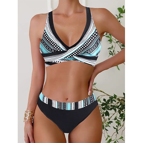 Per donna Costumi da bagno Bikini 2 pezzi Slip brasiliano Costume da bagno Schiena scoperta Taglia piccola Festività Abbigliamento mare Color Block A V Senza maniche Costumi da bagno