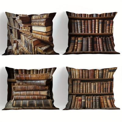TEMU 4pcs Retro Bookshelf Pattern Pillowcases, A Set Of Four, No Pillow Core, Comfortable, Suitable For Office, Bedroom, Balcony, Car, Sofa, Courtyard Image