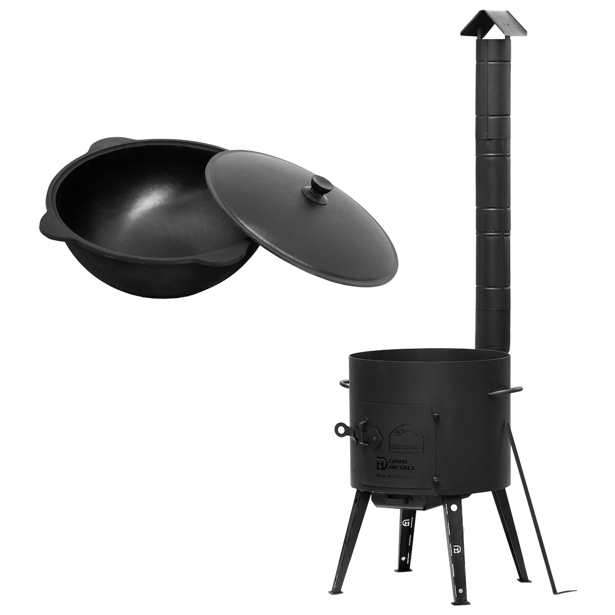 4BIG.fun Ø44 Uchag 2mm stahl Utschak mit Schornstein Abzugsrohr Utschag Ofen 16L Kazan Eben Kasan Feuerstelle Feldküche Außenküche Eintopfofen Gulaschka Image