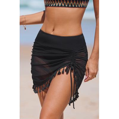 Ruched Black Mesh Skirt Swim Bottoms