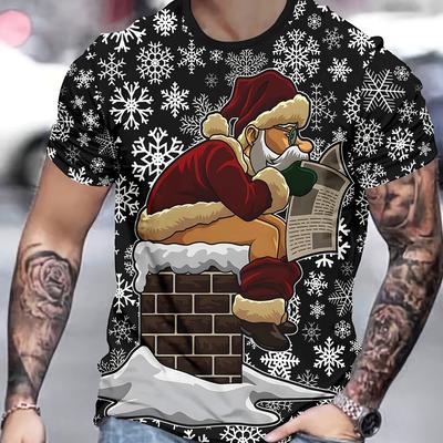 TEMU Men's Christmas T-shirt - Casual Polyester Crew Neck, Machine Washable, Regular Fit With Unique Santa Print Image