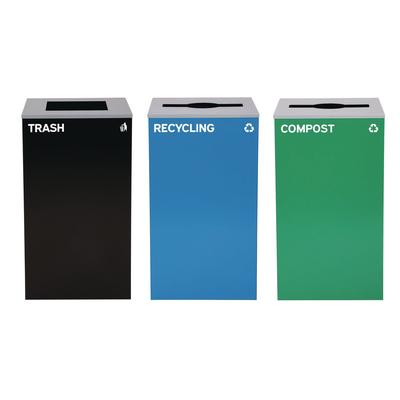 Alpine Industries 29 Gallon Trash/Recycling Cans, Steel, Blue Recycling Can and Green Compost Can w/Mixed Lids, Black Trash Can with Square Lid (ALH44