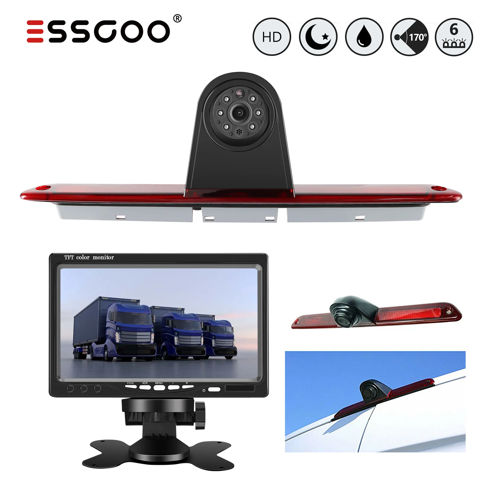 ESSGOO 7" TFT LCD Monitor + Rückfahrkamera 3. Bremslicht für Mercedes-Benz Sprinter W906 Volkswagen Crafter Caravelle T5/T6 Image