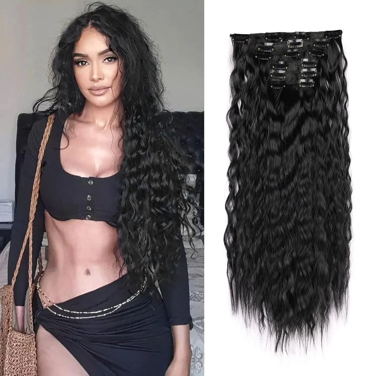 Synthetische Haarverlängerungen, 6 Stück, Clip-in-Haarverlängerungen, lange glatte Haarverlängerungen, natürliche weiche synthetische Haarteile für Frauen Image