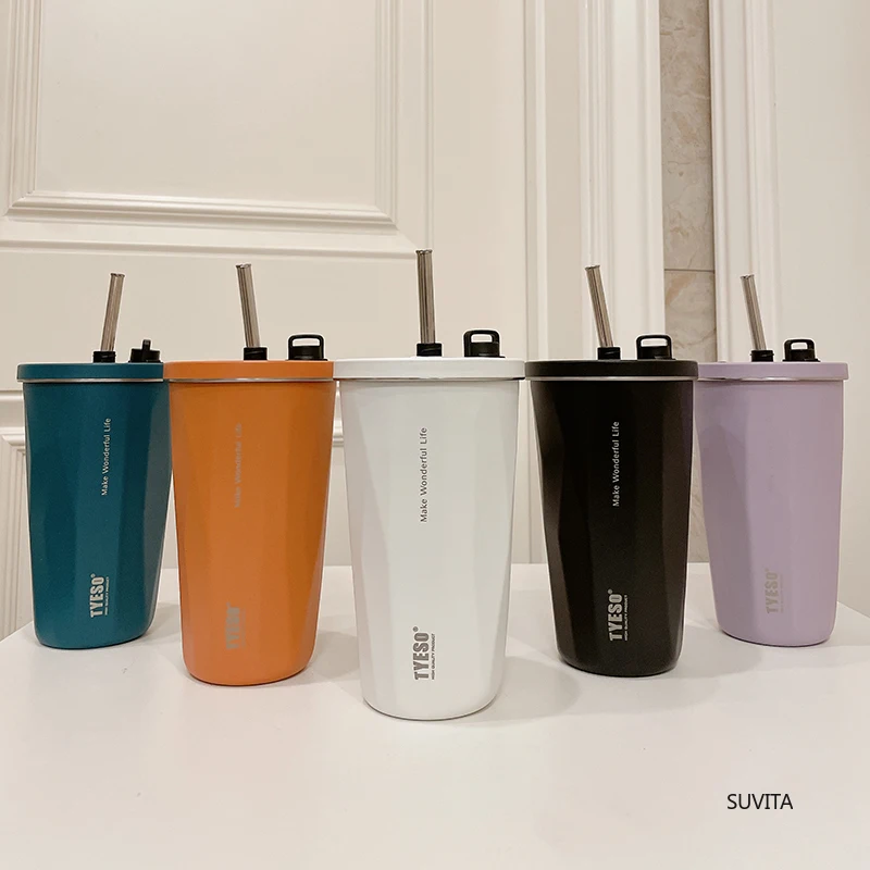 TYESO 600 ml Edelstahl-Thermosflasche, Isolierflasche mit einziehbarem Strohhalm, kaltes heißes Getränk, Auto-Thermoskanne, Becher Image