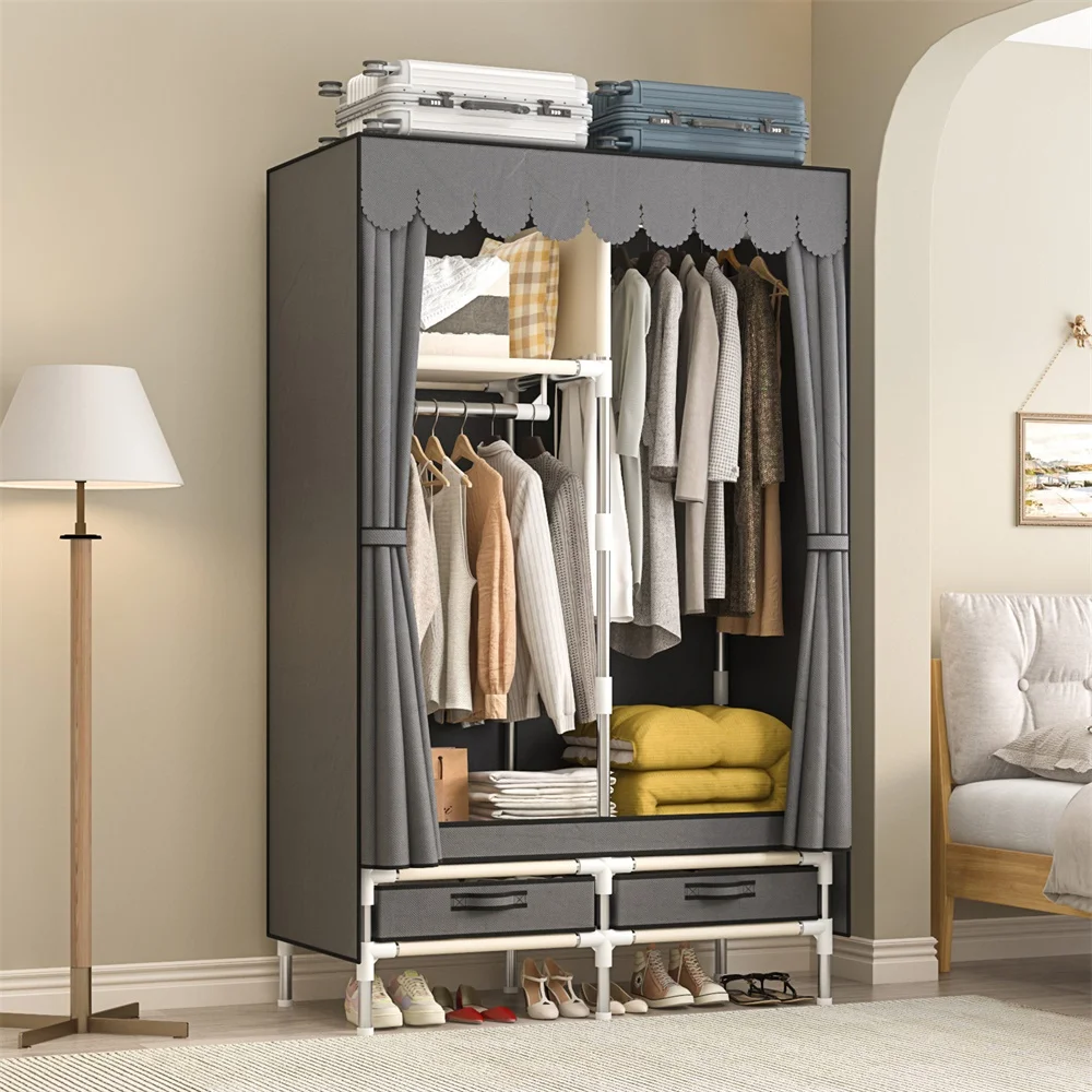 Kleider schrank einfache Stoff Kleider schrank Haushalt Schlafzimmer Montages chrank große Garderobe langlebig einfach modern, grau