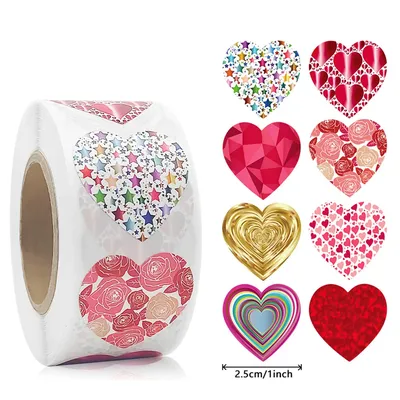 500pcs/roll Heart-Shaped Rose Star Pattern Stickers for Valentine's Day Wedding Party Gift Packaging Decorative Stickers Image