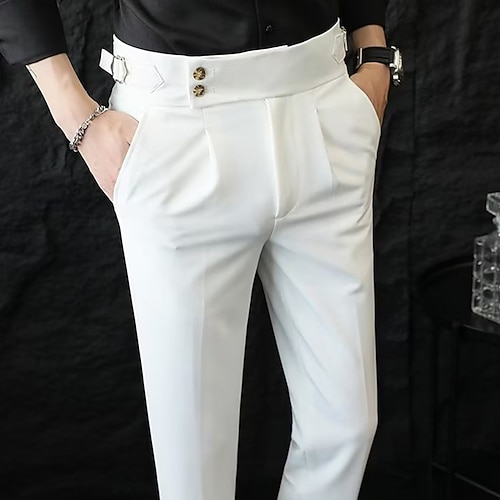 Herren Abschlußfeier Anzughose Neapel Hosen Hose Chinos Knöpfe Tasche Gerader Schnitt Einfach Komfort Formell Party Arbeit Mode Klassicher Stil Schwarz Weiß Mikroelastisch Image