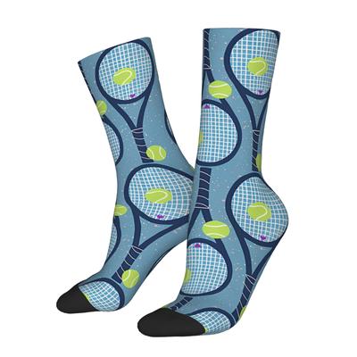 TEMU 1 Pair Retro Hip Hop Novelty Crew Socks, 95% Polyester 5% Elastane, Knit Fabric Tube Socks With Tennis Racket Print, Hand Washable, For Teens Image