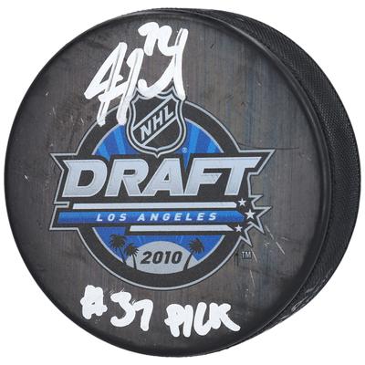 Justin Faulk St. Louis Blues signierter Hockeypuck mit NHL Draft 2010-Logo und Aufschrift „#37 Pick“ Image