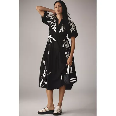 By Anthropologie Short-Sleeve Embroidery Appliqué Midi Dress
