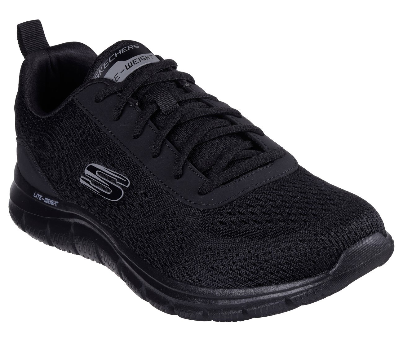 Schnürschuh SKECHERS "TRACK-LESHUR", Herren, Gr. 46, schwarz (schwarz, schwarz), Lederimitat, Textil, Schuhe Schnürschuh, Freizeitschuh, Trainingsschuh im Materialmix