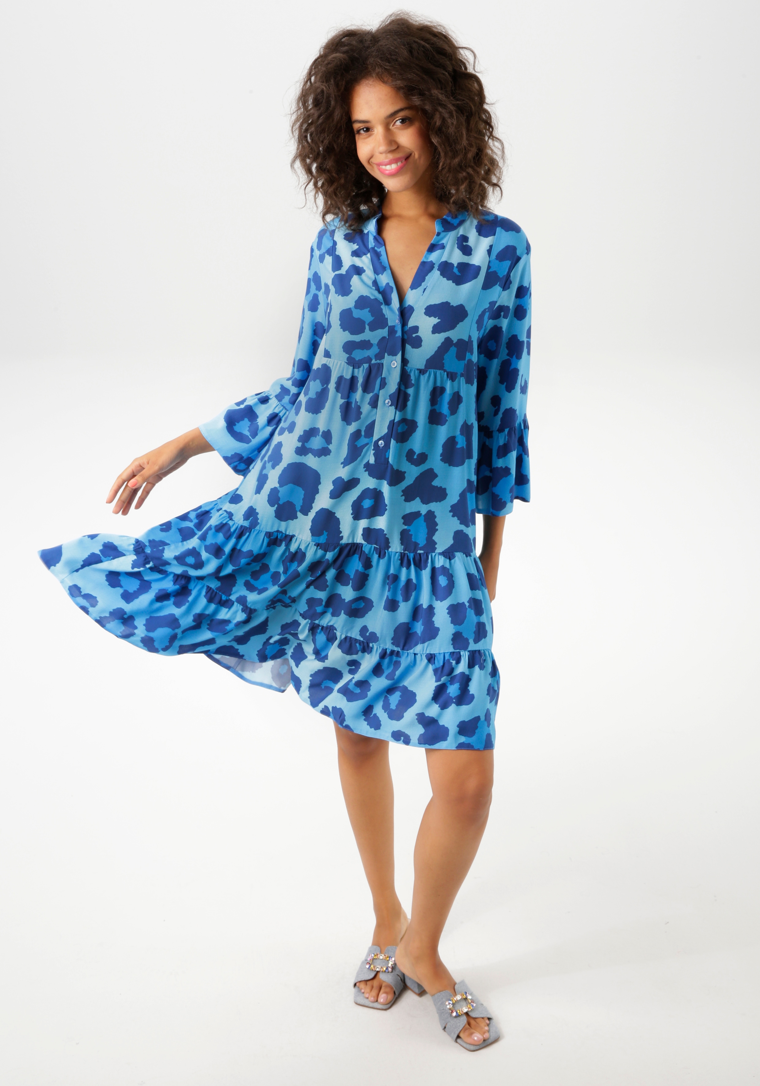 Tunikakleid ANISTON CASUAL, Damen, Gr. 40, N-Gr, blau (türkis, marine, blau), Web, Obermaterial: 100% Viskose, bedruckt, geblümt, Modisch, lässig geschnitten kniefrei, V-Ausschnitt, Volant, Kleider, mit farbenfrohen, graphischen Blüten bedruckt Image