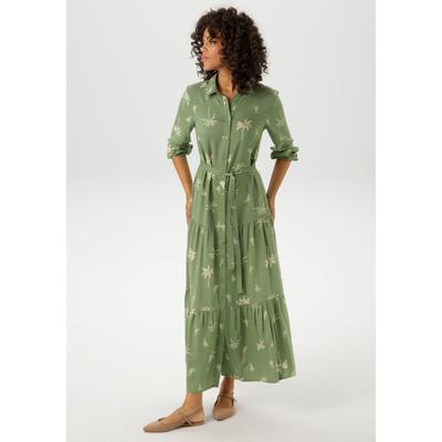 Maxikleid ANISTON CASUAL, Damen, Gr. 46, N-Gr, grün (salbei, sand), Web, Obermaterial: 100% Viskose, bedruckt, feminin, figurumspielend knöchelfrei, Langarm 1-Knopf-Manschette, Kleider, mit Palmen bedruckt - jedes Teil ein Unikat Image