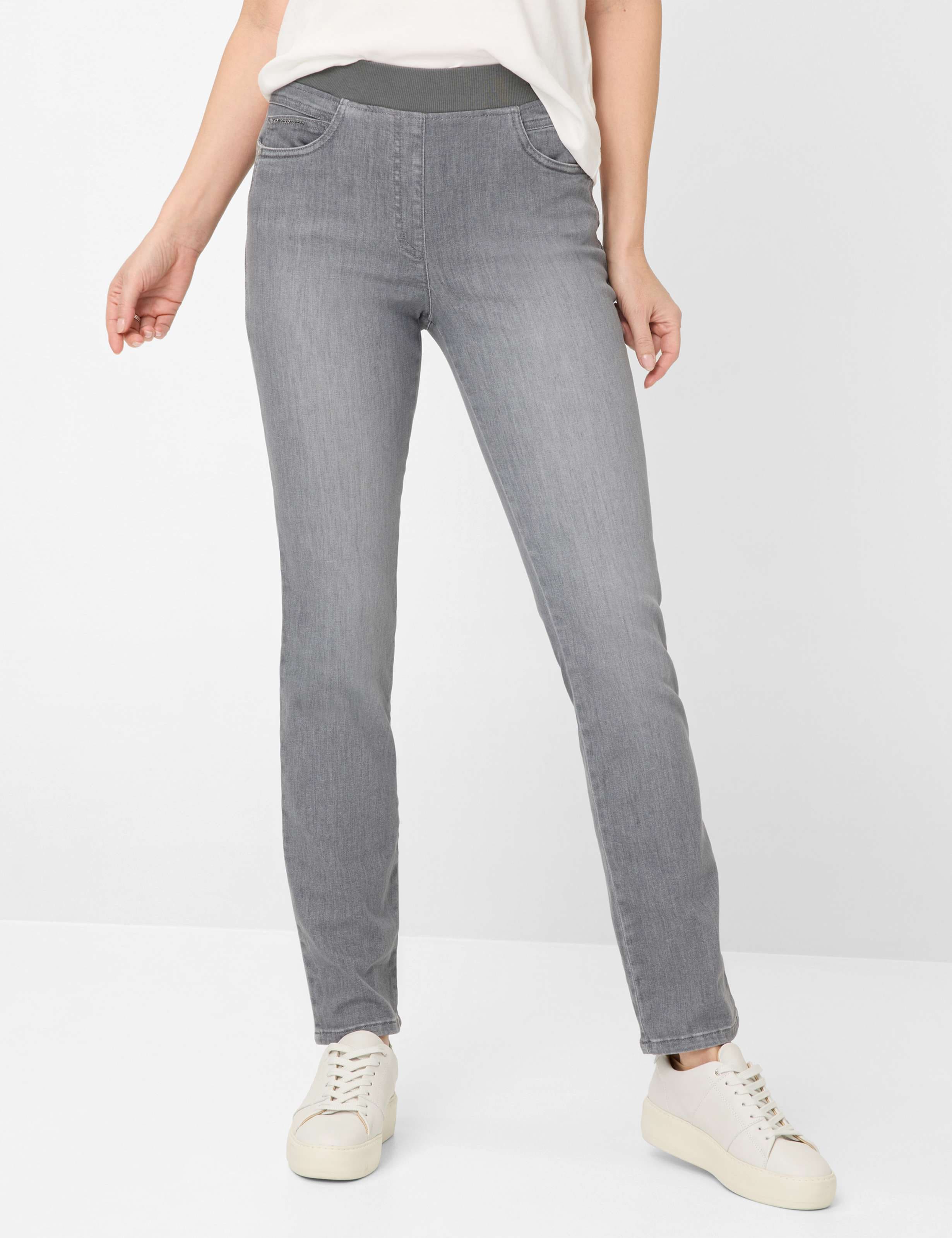 Bequeme Jeans RAPHAELA BY BRAX "Style PAMINA", Damen, Gr. 46K (23), Kurzgrößen, grau (mittelgrau), Denim/Jeans, 93% Baumwolle, 5% Elastomultiester, 2% Elasthan, slim fit, Jeans