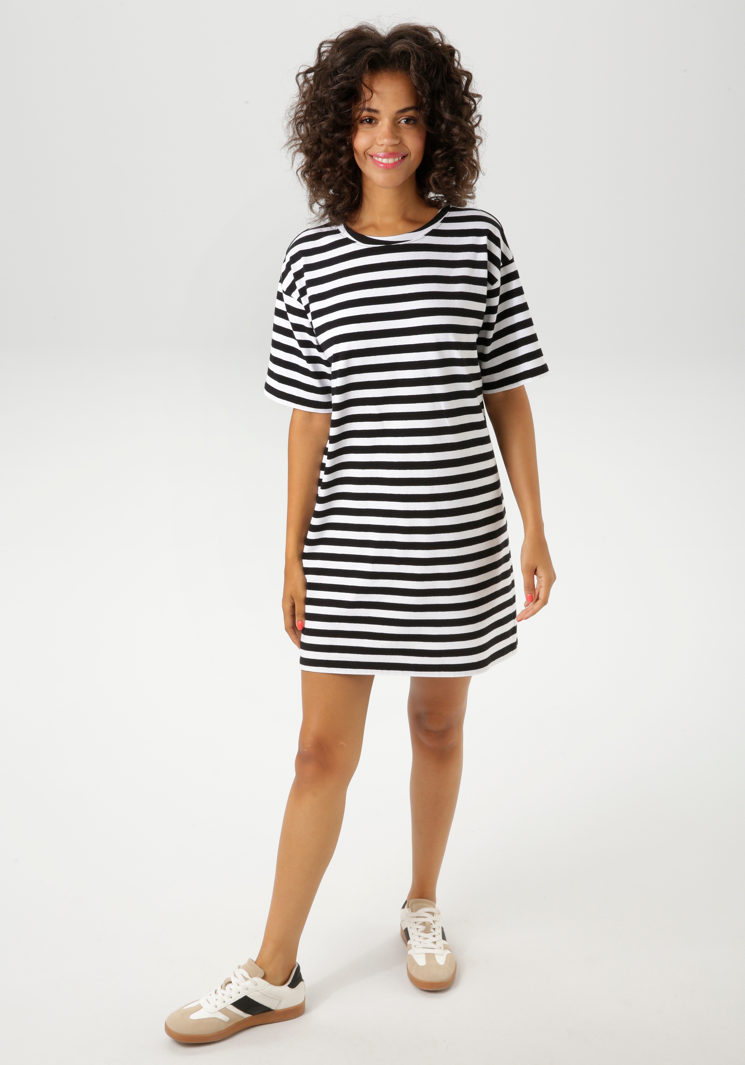 Sommerkleid ANISTON CASUAL, Damen, Gr. 46, N-Gr, schwarz-weiß (schwarz, weiß), Single Jersey, Obermaterial: 95% Baumwolle, 5% Elasthan, gestreift, figurumspielend kniefrei, Rundhals, Kleider Sommerkleid, im Streifen-Dessin