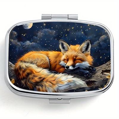 TEMU 1pc Fox Design Pill Box - 2-compartment, Mini Portable Metal Organizer For Medication & Vitamins, Moisture-proof Seal, Ideal For Home & Travel, Unique Gift Idea, Pill Box For Purse Image