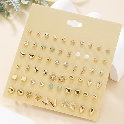TEMU 1 Set Of 30 Pairs Fashionable Minimalist Heart Rhinestone Flower Matte Geometric Women's S' Earrings Set Holiday Gift Jewelry For Casual Attire Image