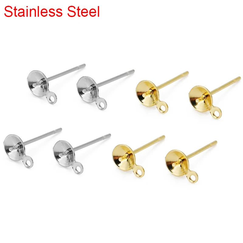Crochets de Base de boucles d'oreilles en acier inoxydable, 50 pièces, hypoallergéniques, 4mm 5mm 6mm, paramètres de camée de Cabochon pour bricolage, fournitures de fabrication de bijoux