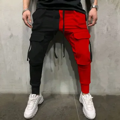 Mens Clothing Y2K Streetwear Black Red Patchwork Cargo Pants Men HIp Hop Multiple Pockets Sweatpants