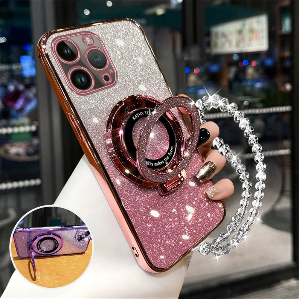 Bracelet Ring Glitter Plating Phone Case For iPhone 16 15 13 12 11 14 Pro Max X XS Max XR 7 8 Plus SE 2020 Stand Holder Cover