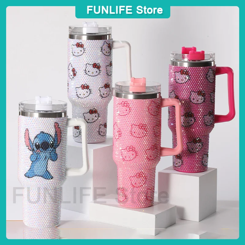 40oz Hello Kitty Cartoon Edelstahl Cartoon Vakuumbecher Diamanten Isolierte Tasse Auto Tasse Griff Stroh Große Kapazität Geschenk Image
