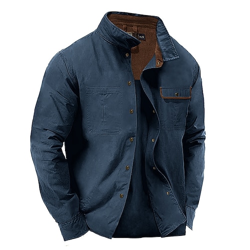 Herren Hemd Sommerhemd Lässiges Hemd Knopfhemd Cargo-Shirt Schwarz Marineblau Grün Kaki Langarm Feste Farbe Kragen Urlaub Täglich Bekleidung Modisch Brautkleider schlicht Komfortabel Image