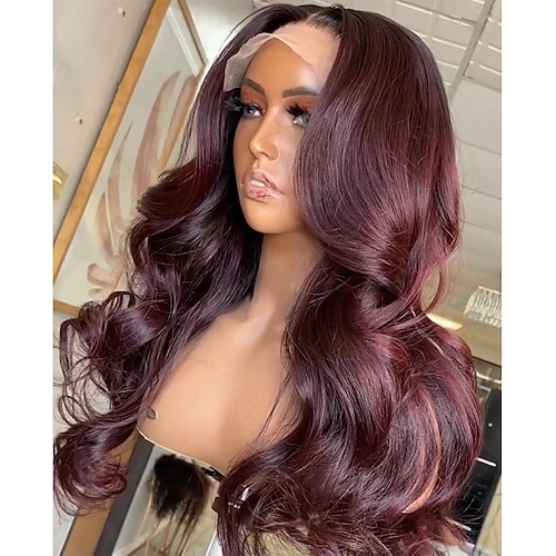Remy Menschenhaar 5x5 Verschluss 13x6 Verschluss Perücke Seitenteil Mittelteil Freier Teil Brasilianisches Haar Wogende Wellen Burgund Perücke 130% 150% 180% Haardichte mit Babyhaar Natürlicher