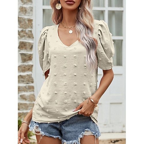 Per donna maglietta Liscio Di tendenza Moderno Informale Manica corta Manica a sbuffo A V Top regolari Giornaliero Fine settimana Rosa Blu Beige Estate