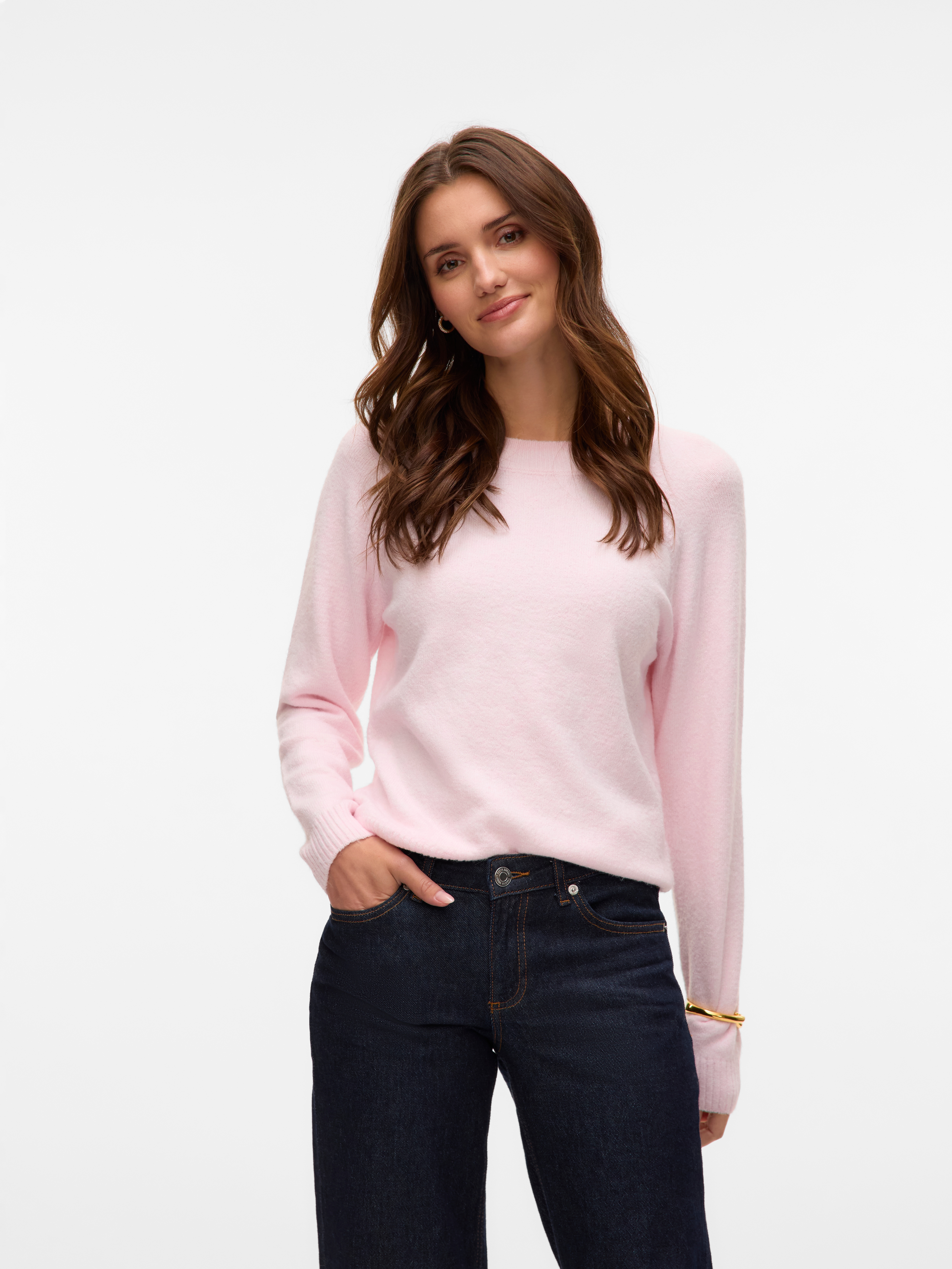 Rundhalspullover VERO MODA "VMDOFFY LS O-NECK BLOUSE GA NOOS", Damen, Gr. S, rosa (pink, a, boo detail:melange), Strick, Obermaterial: 94% Polyester, 3% Elasthan, 3% Nylon, meliert, regular fit normal, Rundhals, Rippbündchen, Pullover...