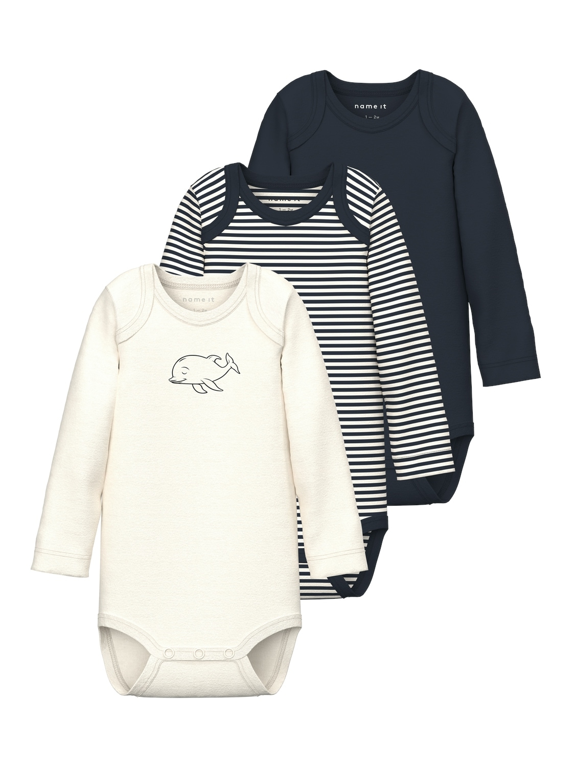 Body NAME IT "NBNBODY 3P LS Y/D CORE 2 NOOS", Baby, Gr. 86, N-Gr, blau (schwarz sapphire), Sweatware, Obermaterial: 100% Baumwolle, gemustert, Casual, regular fit, amerikanischer Ausschnitt, Bodys Image