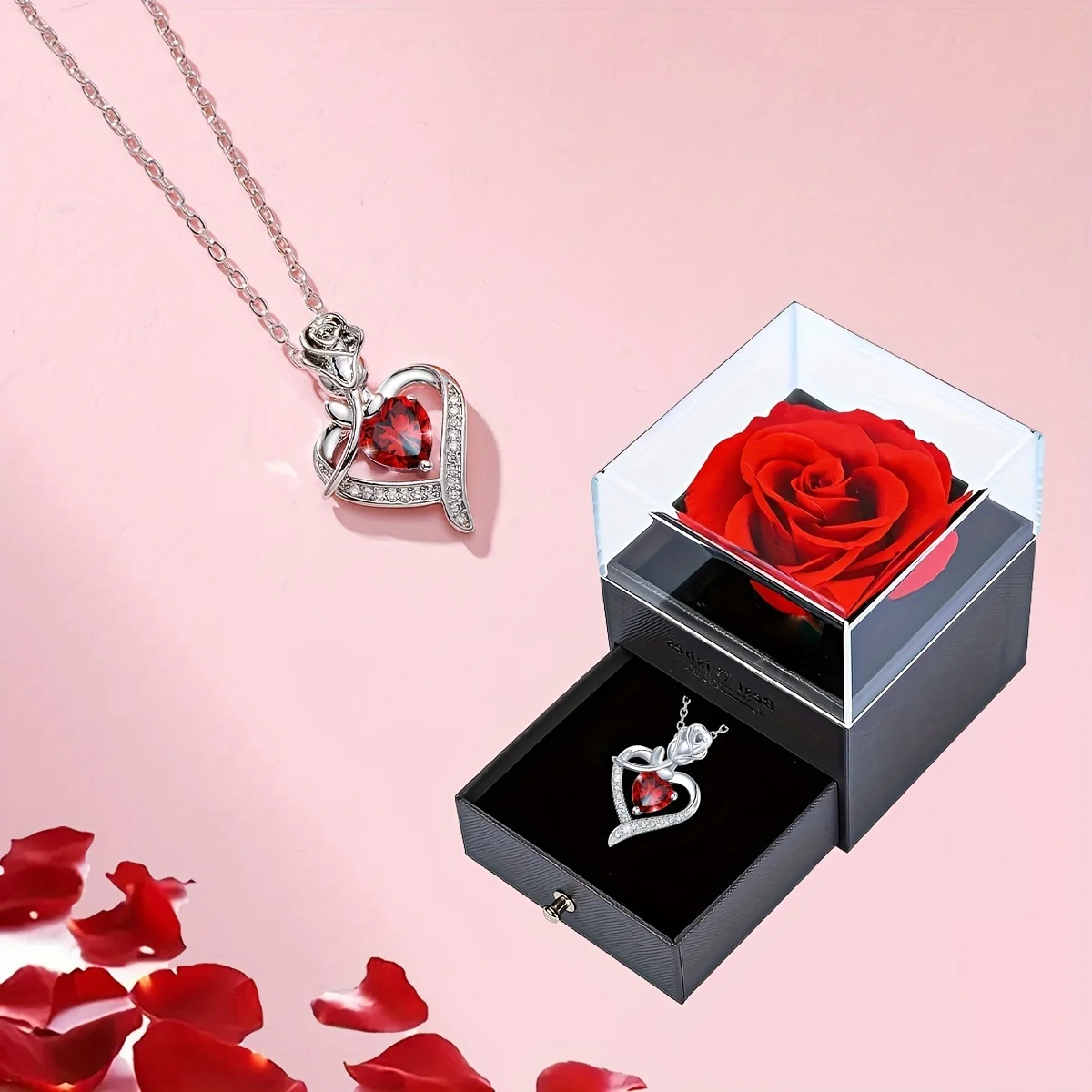 Collier de luxe en forme de cœur en Zircon rouge, avec boîte-cadeau en forme de fleur de Rose, pour petite amie, cadeau d
