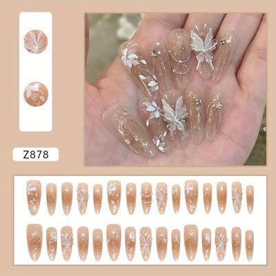 TEMU 30pcs 3d & Floral Press-on Nails With - Almond Shape Long Glossy Fake Nails, Brown/nude Reusable Nail Art Stickers For , Nail Decor, Manicure Accessories, Detailed , Image